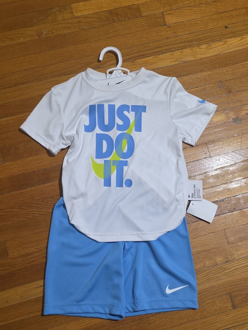 Nike White Tee with Blue and Lime Graphic + Blue Shorts